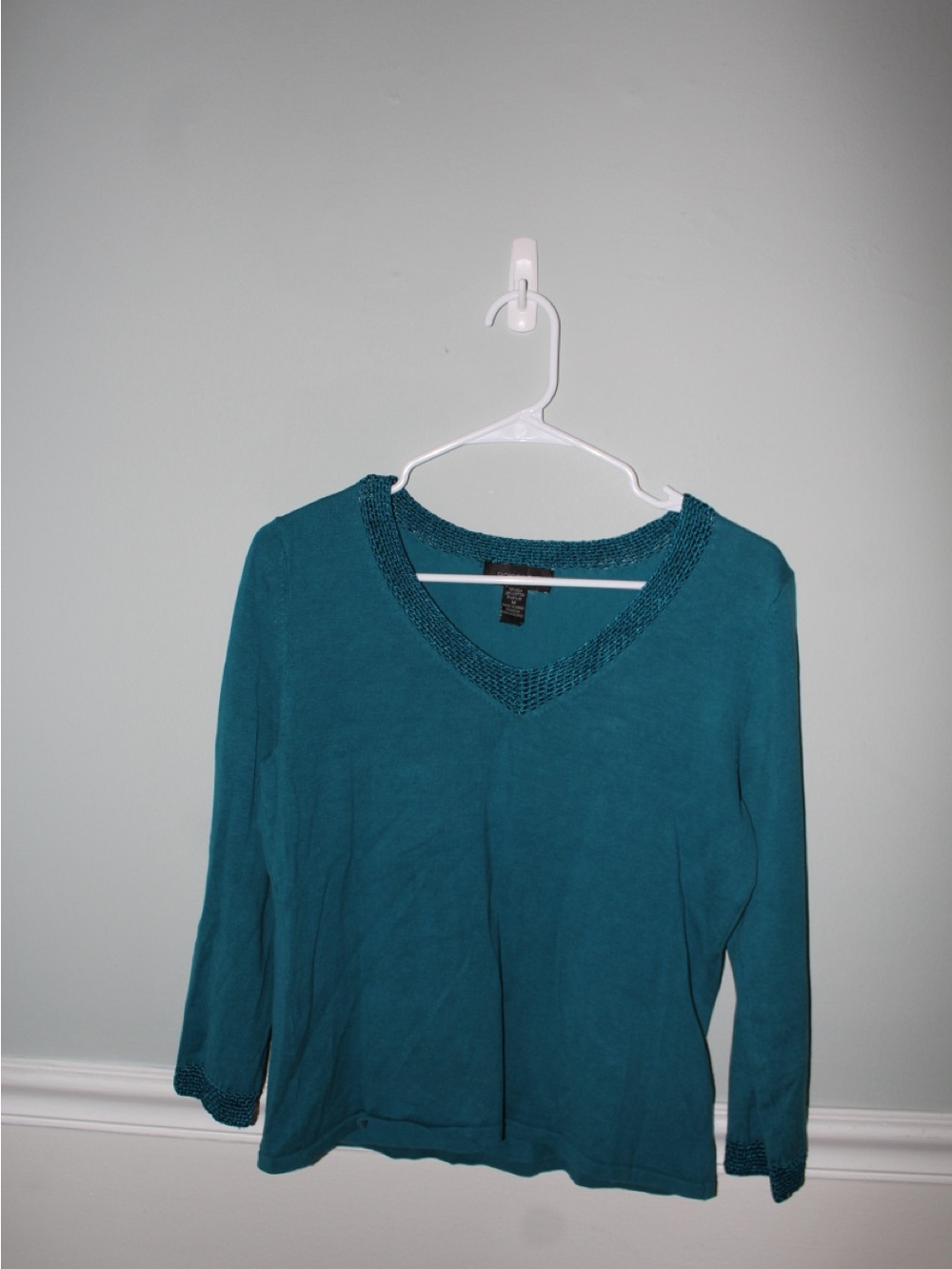 Pointelle Womens Teal V-Neck Long Sleeve Top with Crochet Trim